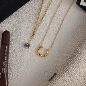 Collier Pendentif Femme Classique En Résine Bleue, Cercle, Acier Inoxydable, Étanche, Couleur Or (1 Pièce) h5 Image5