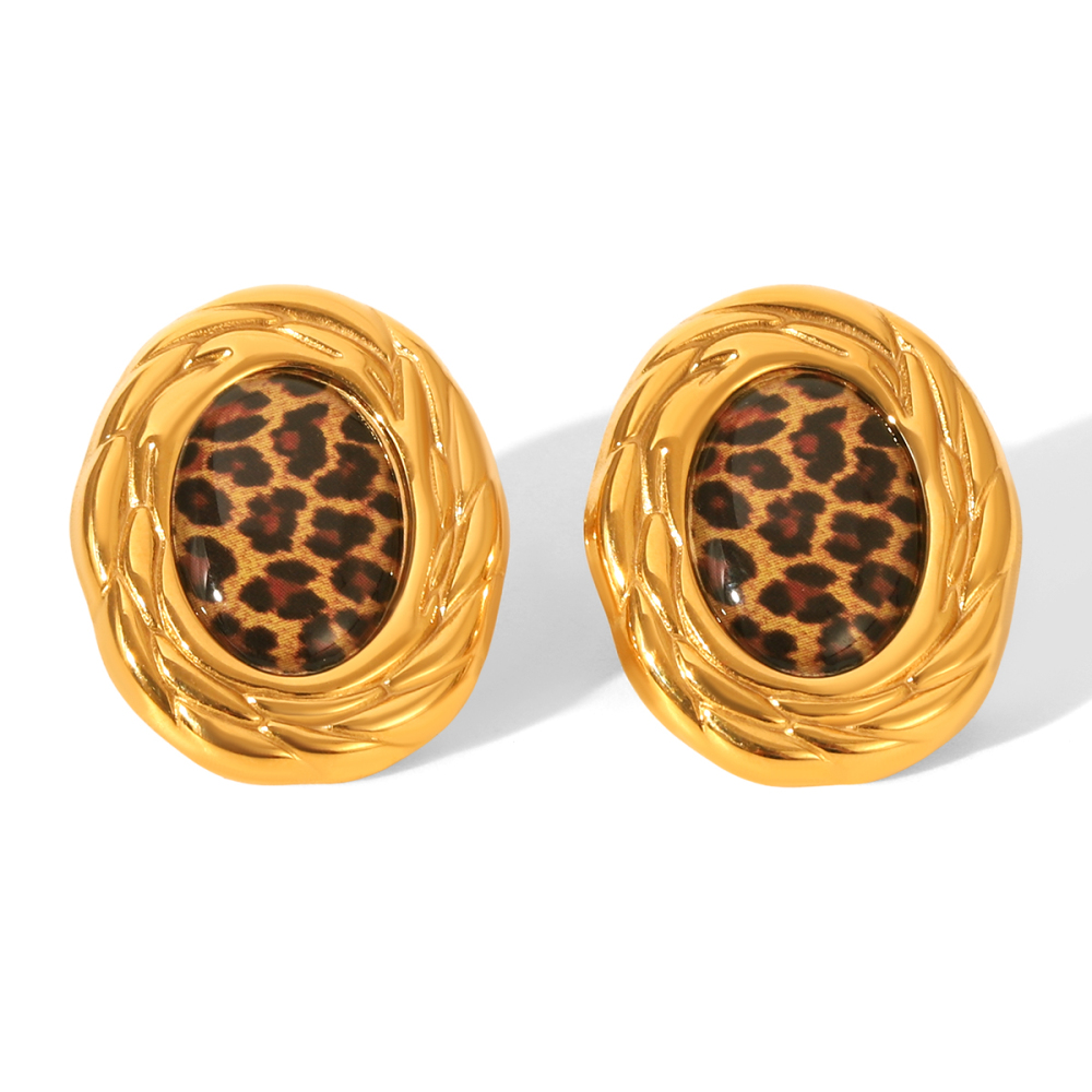 1 Paire De Boucles D'Oreilles Puces En Acier Inoxydable Doré, Imprimé Léopard 