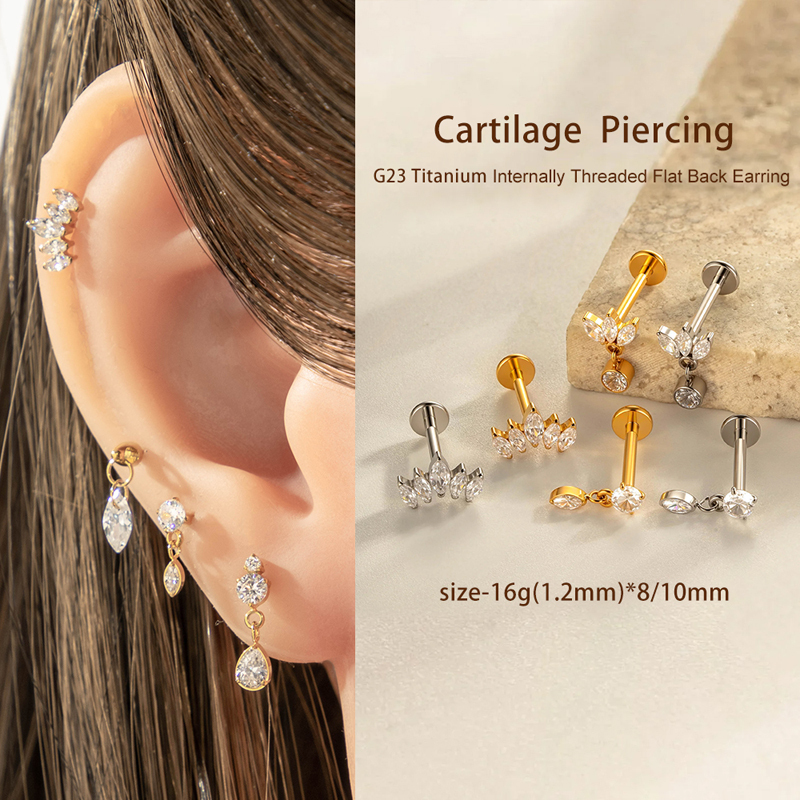 Boucles D'Oreilles Percées Classiques En Alliage De Titane Et Zircone Couleur Or Pour Femme, 1 Pièce Image5