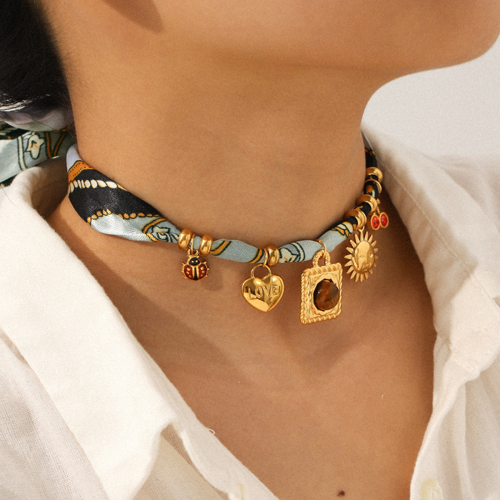 Ensemble De Colliers En Tissu Et Pierre Naturelle Couleur Or, 1 Pièce h5Image4