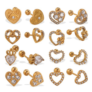 1 Paire De Boucles D'Oreilles Piercing En Forme De Cœur, En Acier Inoxydable Étanche, Couleur Or, Ornées De Strass h5 Image5