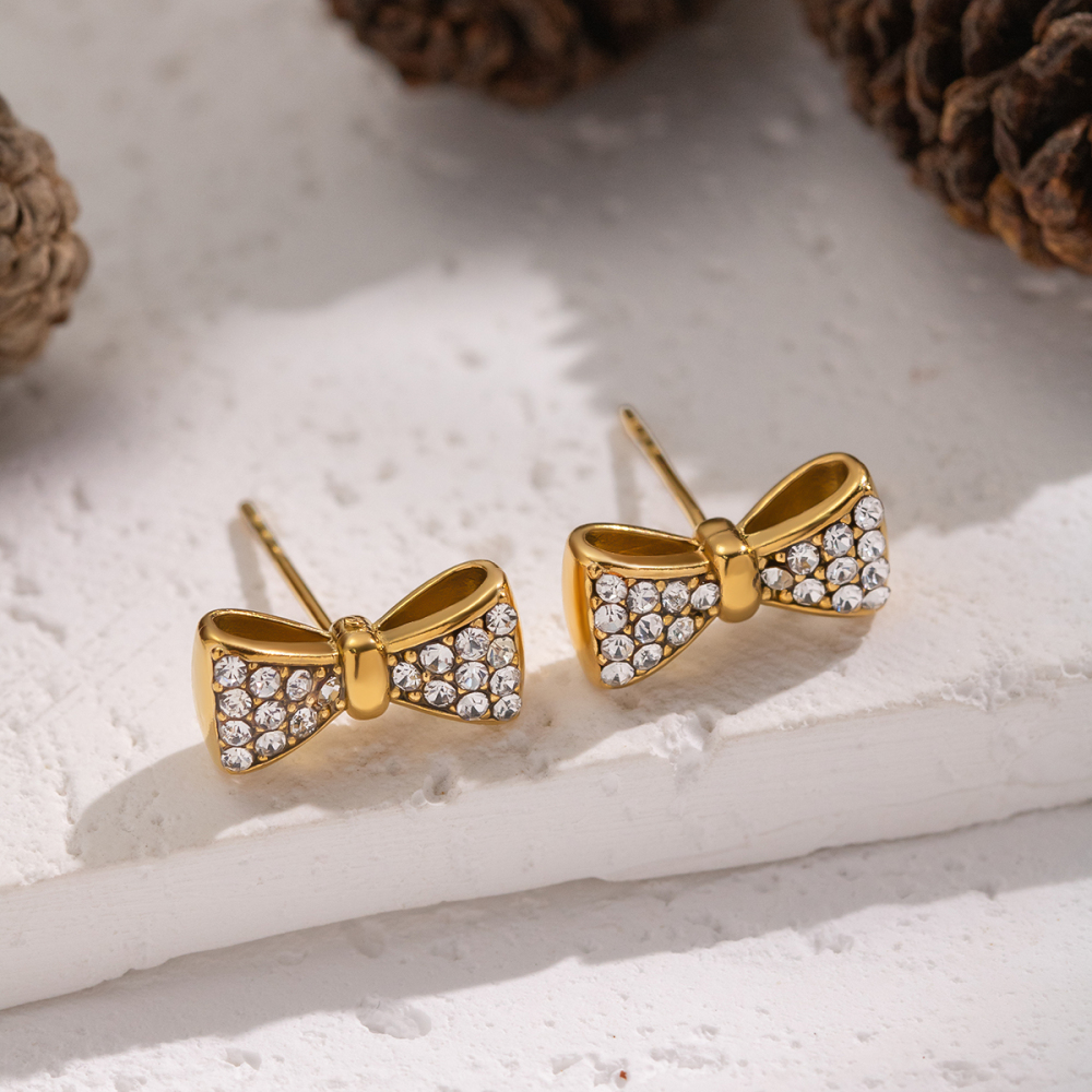 Boucles D'Oreilles À Clous En Acier Inoxydable Doré, Imperméables, Avec Nœud Papillon (1 Paire) Image3