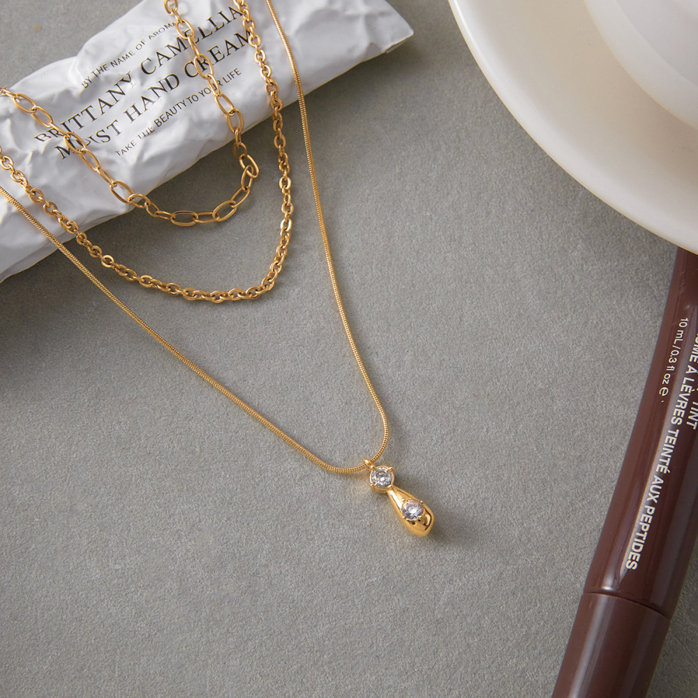 Collier À Plusieurs Rangs Pour Femme, En Acier Inoxydable Doré, Orné D'Un Zircon, Orné D'Une Goutte Classique (1 Pièce) Image6