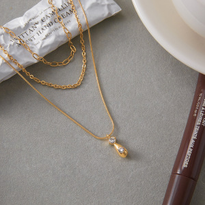 Collier À Plusieurs Rangs Pour Femme, En Acier Inoxydable Doré, Orné D'Un Zircon, Orné D'Une Goutte Classique (1 Pièce) h5 Image6