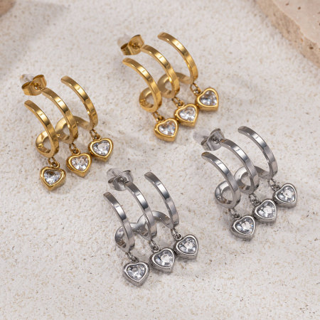 Boucles d'oreilles pendantes en forme de cœur, en acier inoxydable étanche, couleur or, avec zircon.