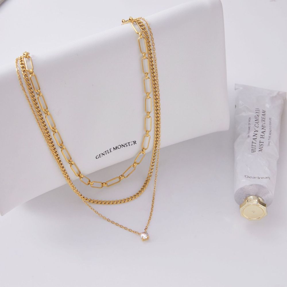 Collier À Plusieurs Rangs Pour Femme, En Acier Inoxydable Doré, Orné D'Un Zircon Et D'Un Cercle Simple (1 Pièce) Image5