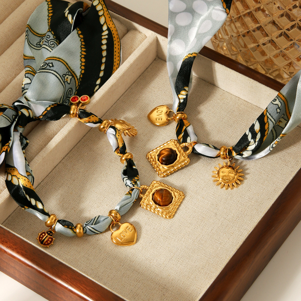 Ensemble De Colliers En Tissu Et Pierre Naturelle Couleur Or, 1 Pièce h5Image3