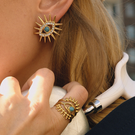 Ensembles de bijoux rétro œil de diable en acier inoxydable, étanches, couleur or, en calaïte, pour femmes
