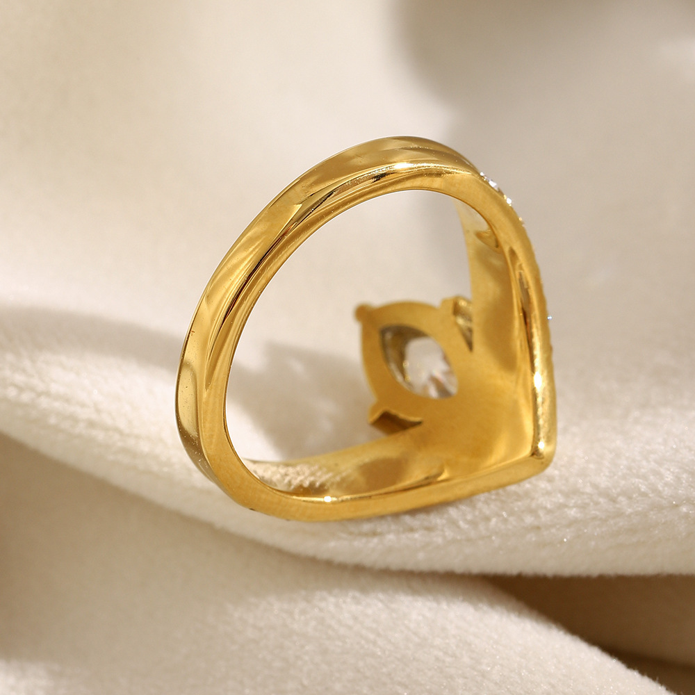 Bague De Luxe Pour Femme, En Acier Inoxydable Étanche, Forme Irrégulière, Ornée D'Un Zircon Et Sertie D'Une Couronne. Image3