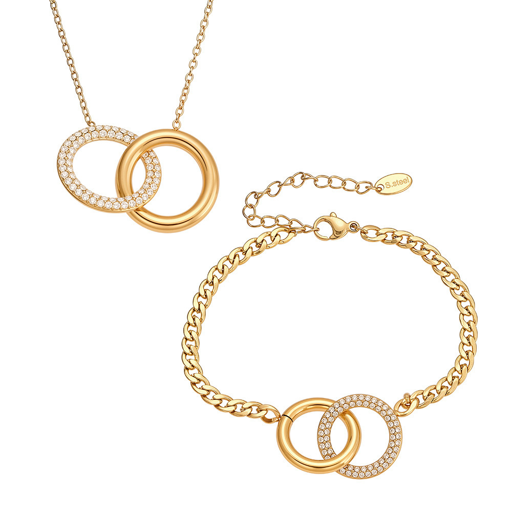 Ensembles De Bijoux Pour Femmes En Acier Inoxydable Imperméable À Double Cercle Simple Et Zircon Doré Image7