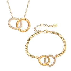Ensembles De Bijoux Pour Femmes En Acier Inoxydable Imperméable À Double Cercle Simple Et Zircon Doré h5 Image7