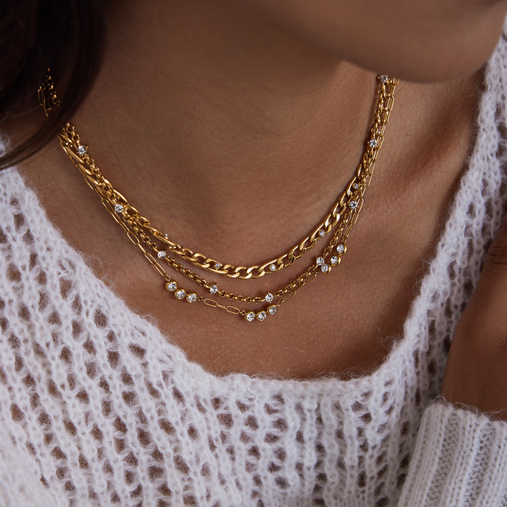 Collier Chaîne Femme Sophistiqué À Spirale En Acier Inoxydable, Étanche, Couleur Or, Orné De Zircon (1 Pièce) Image5