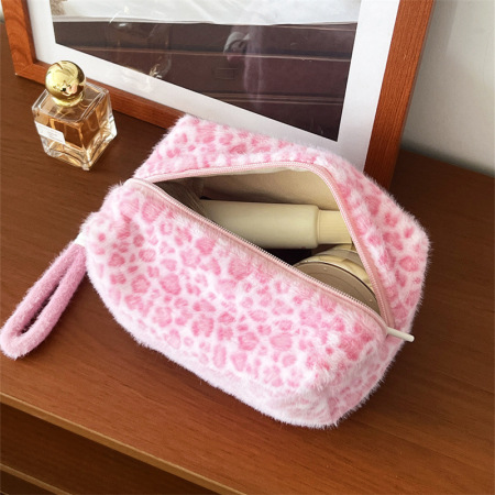 Trousse de maquillage en peluche pour femme, motif léopard rétro romantique, 1 pièce 2
