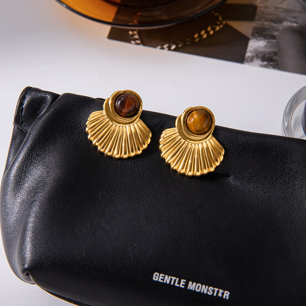 1 Paire De Boucles D'Oreilles Puces Pour Femme, Forme Rétro, En Acier Inoxydable, Couleur Or, Étanches, Avec Pierre Naturelle Image6