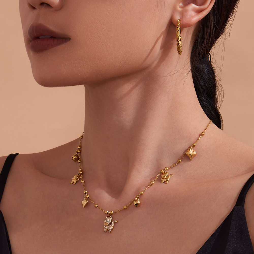 Ensembles De Bijoux Délicats Et Mignons Pour Femmes, En Acier Inoxydable, Étanches, Couleur Or Et Zircon, Avec Motif Chaton. Image3