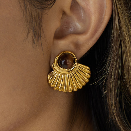 1 paire de boucles d'oreilles puces pour femme, forme rétro, en acier inoxydable, couleur or, étanches, avec pierre naturelle
