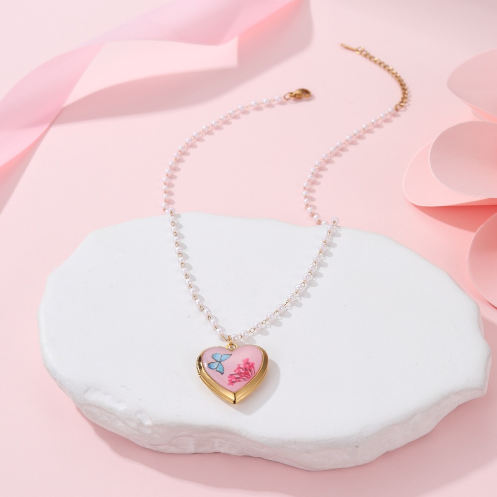 Collier Pendentif Femme En Acier Inoxydable Doré, Motif Cœur Et Fleur (1 Pièce) Image4