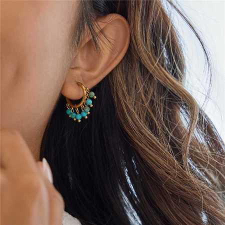 1 paire de boucles d'oreilles créoles élégantes pour femme, en acier inoxydable doré et calaite, étanches. 2