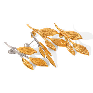 Boucles D'Oreilles Puces Pour Femme, En Acier Inoxydable Doré, Motif Feuille Simple, Imperméables, 1 Paire h5 Image6