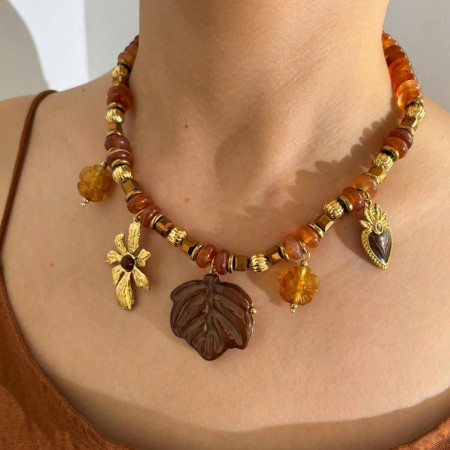 Collier de perles en résine couleur or, 1 pièce, motif fleur, cœur, feuille 2