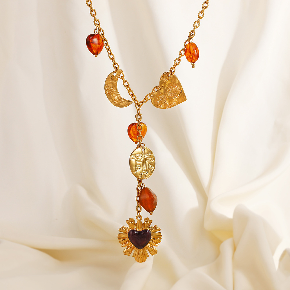 Collier Pendentif Ethnique Quotidien En Forme De Cœur, En Acier Inoxydable Étanche, Pour Femme (1 Pièce) Image2