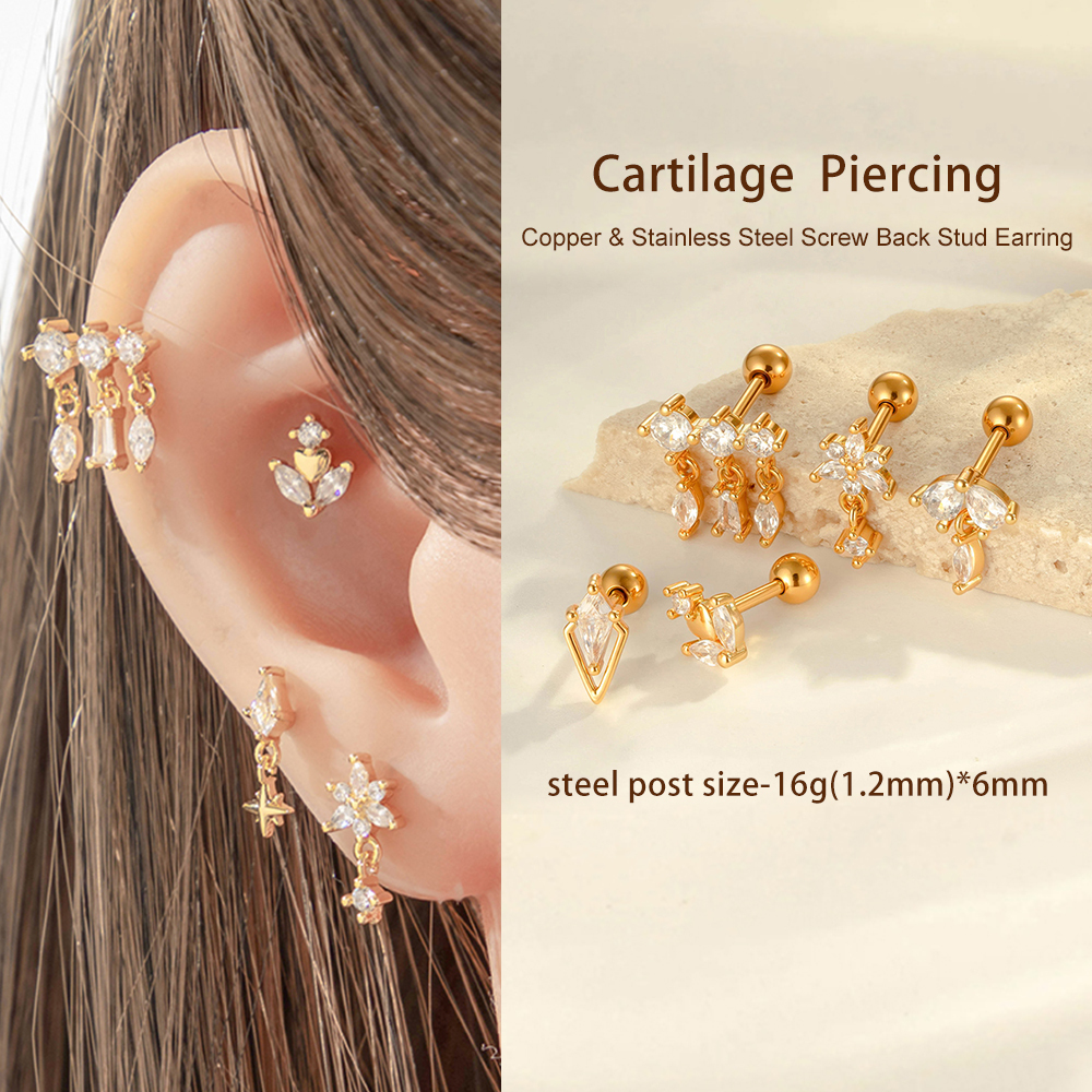 Boucles D'Oreilles Percées Exquises En Forme De Cœur, Couleur Cuivre Et Or, Zircone Cubique, Pour Femme, 1 Pièce Image6
