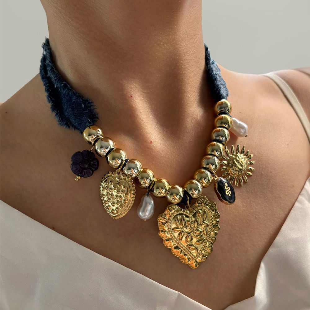 Collier Pendentif Rétro En Forme De Cœur Et De Soleil Couleur Or, 1 Pièce Image3