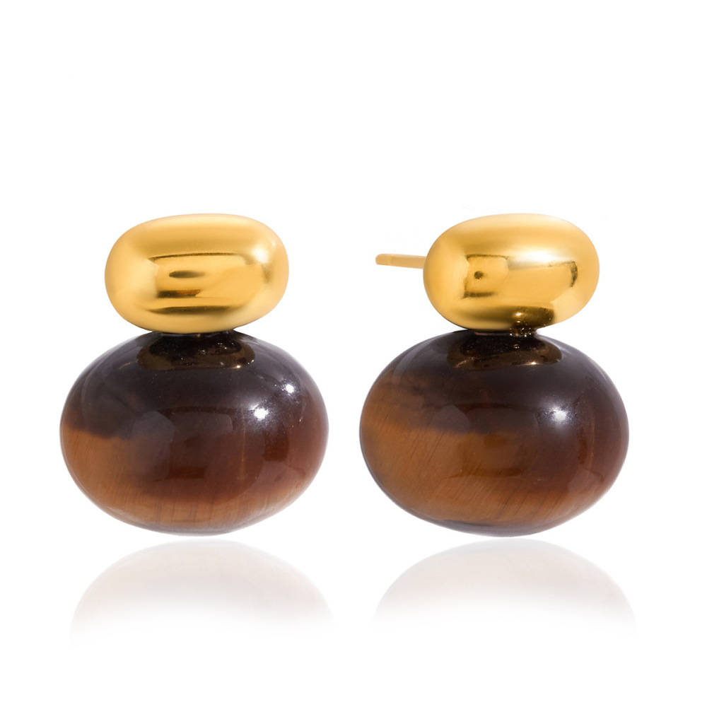 1 Paire De Boucles D'Oreilles Puces Ovales Classiques En Acier Inoxydable, Étanches, Couleur Or, Avec Pierre Naturelle Pour Femme