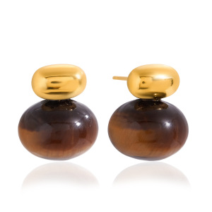1 Paire De Boucles D'Oreilles Puces Ovales Classiques En Acier Inoxydable, Étanches, Couleur Or, Avec Pierre Naturelle Pour Femme h5