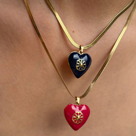 Collier pendentif en acier inoxydable doré, étanche, en forme de cœur émaillé