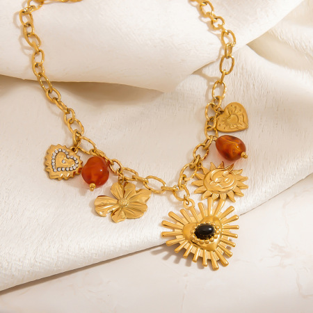 Collier pendentif femme en acier inoxydable étanche, motif fleur, cœur et soleil, à faire soi-même (1 pièce) 2