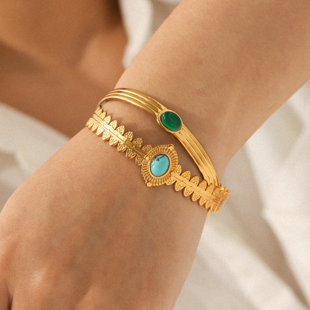 Bracelet manchette rétro en acier inoxydable étanche couleur or avec pierre naturelle (1 pièce)