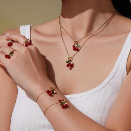Ensembles de bijoux fantaisie pour femmes en acier inoxydable, imperméables, couleur or et zircon, avec motif cerise.