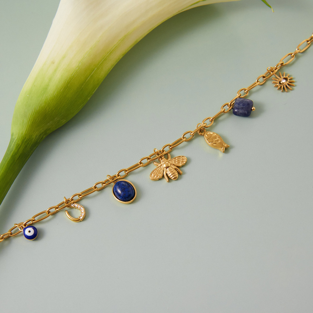 Collier Pendentif Femme Luxueux En Acier Inoxydable, Couleur Or, Orné D'Une Abeille En Lapis-Lazuli Et D'Un Bijou En Abeille. Image6