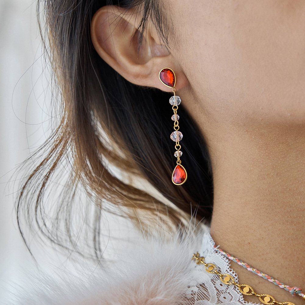 Boucles D'Oreilles Pendantes Luxueuses Pour Femme, En Acier Inoxydable Doré, Couleur Or, En Forme De Goutte Rouge. 1 Paire h5Image4