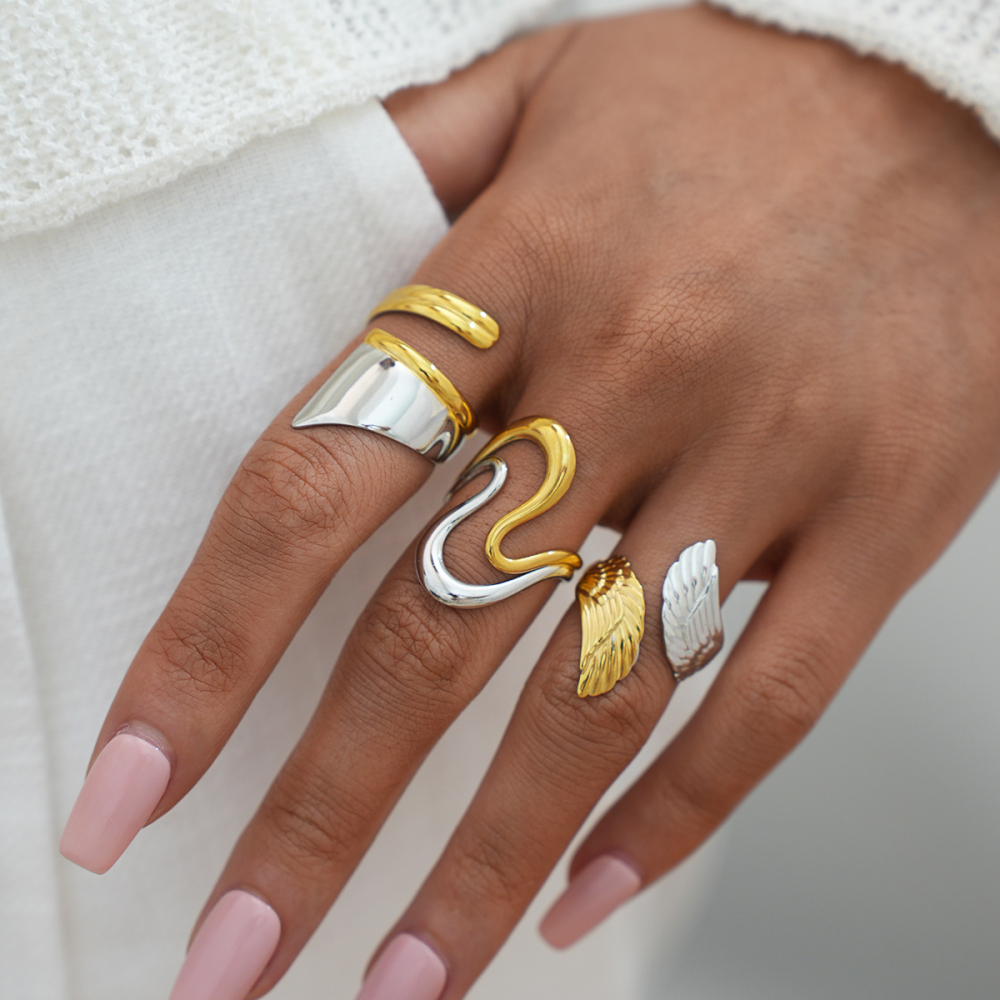 Bague Femme Rétro En Acier Inoxydable Étanche, Or Et Argent, Style Ailes (1 Pièce). Image7
