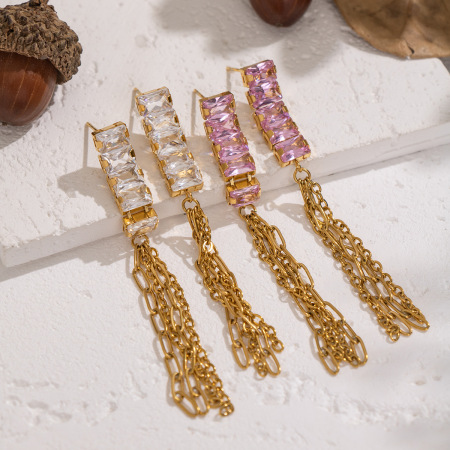 1 paire de boucles d'oreilles pendantes luxueuses à pompons, en acier inoxydable étanche, couleur or et zircon.