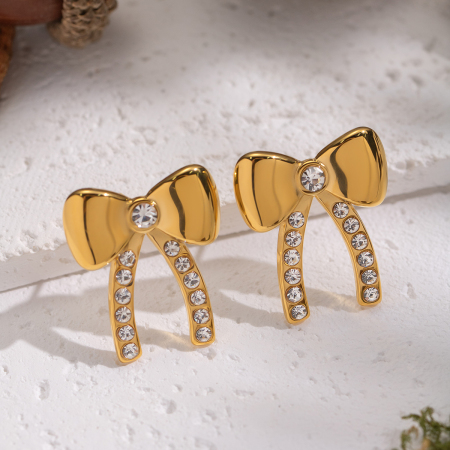 1 paire de boucles d'oreilles élégantes à nœud papillon en acier inoxydable étanche couleur or 2