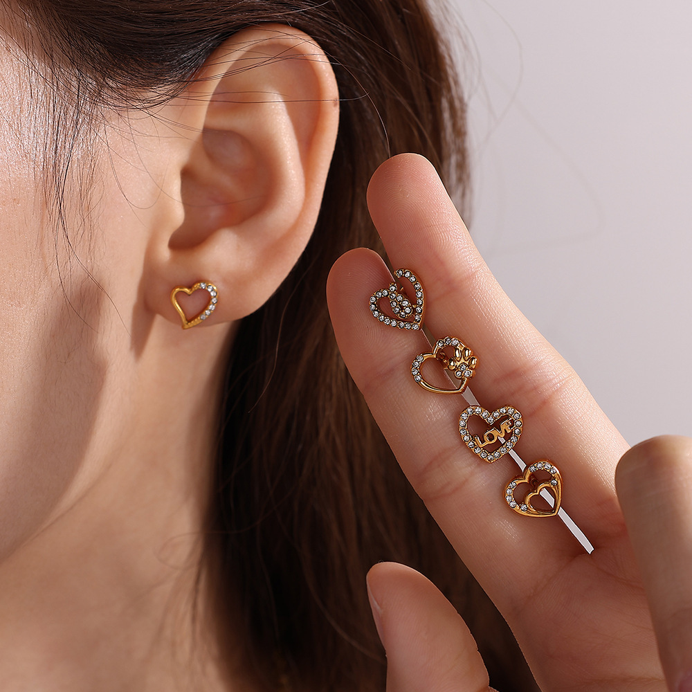 1 Paire De Boucles D'Oreilles Piercing En Forme De Cœur, En Acier Inoxydable Étanche, Couleur Or, Ornées De Strass h5Image4
