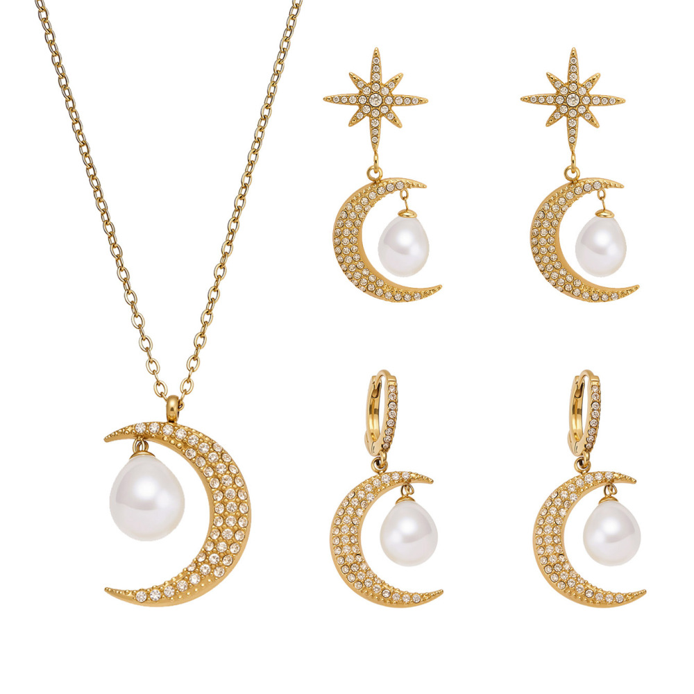 Ensembles De Bijoux Pour Femmes Classic Star&Moon En Acier Inoxydable Étanche, Couleur Or Et Zircon. h5Image5