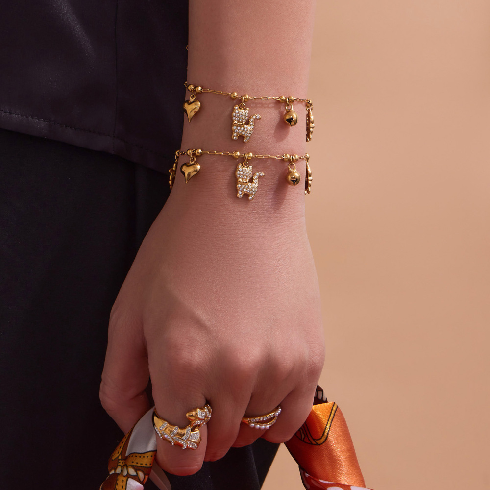 Ensembles De Bijoux Délicats Et Mignons Pour Femmes, En Acier Inoxydable, Étanches, Couleur Or Et Zircon, Avec Motif Chaton. Image5