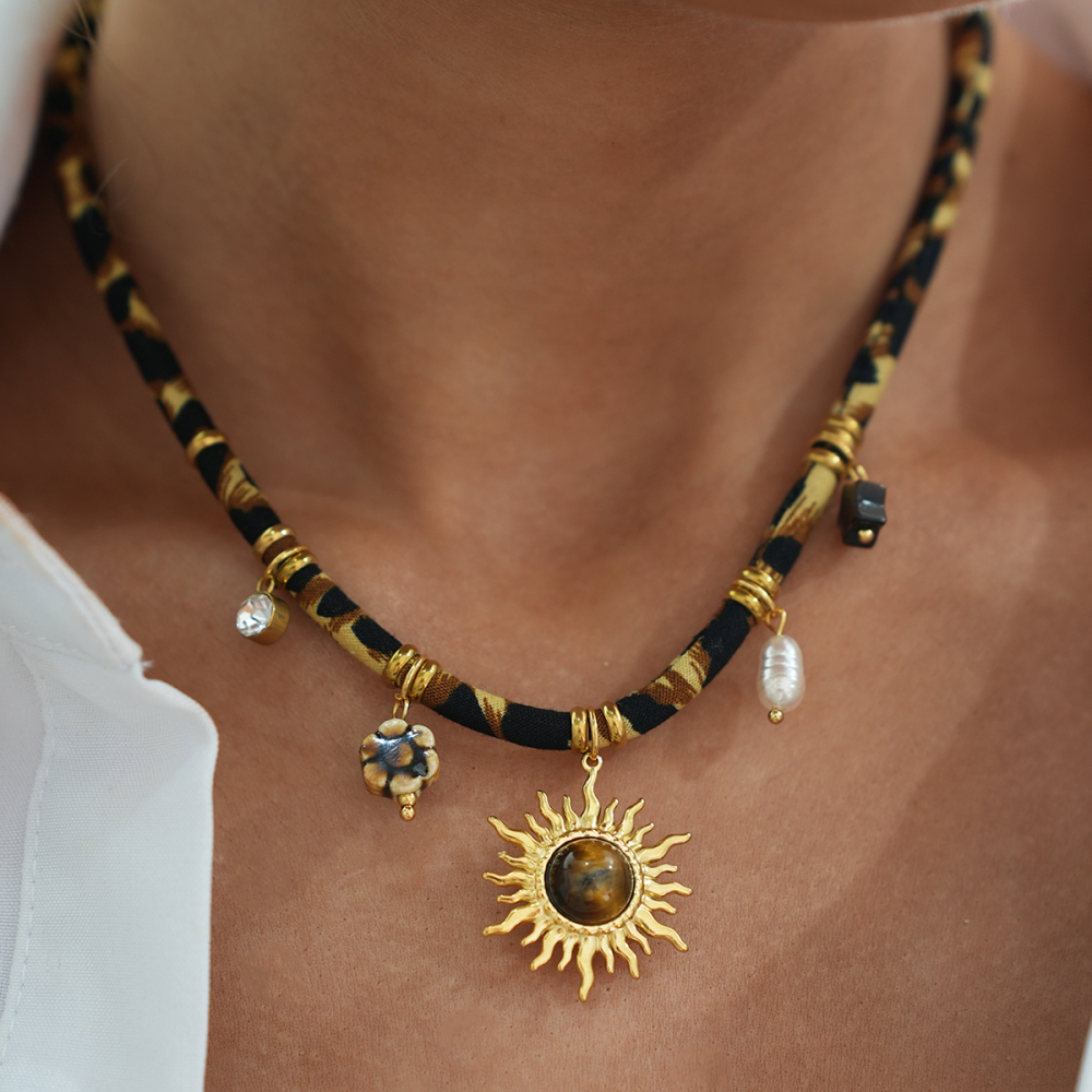 Collier Pendentif Femme Rétro Imprimé Léopard Soleil, En Acier Inoxydable Étanche, Couleur Or (1 Pièce) Image6