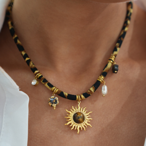 Collier Pendentif Femme Rétro Imprimé Léopard Soleil, En Acier Inoxydable Étanche, Couleur Or (1 Pièce) h5 Image6