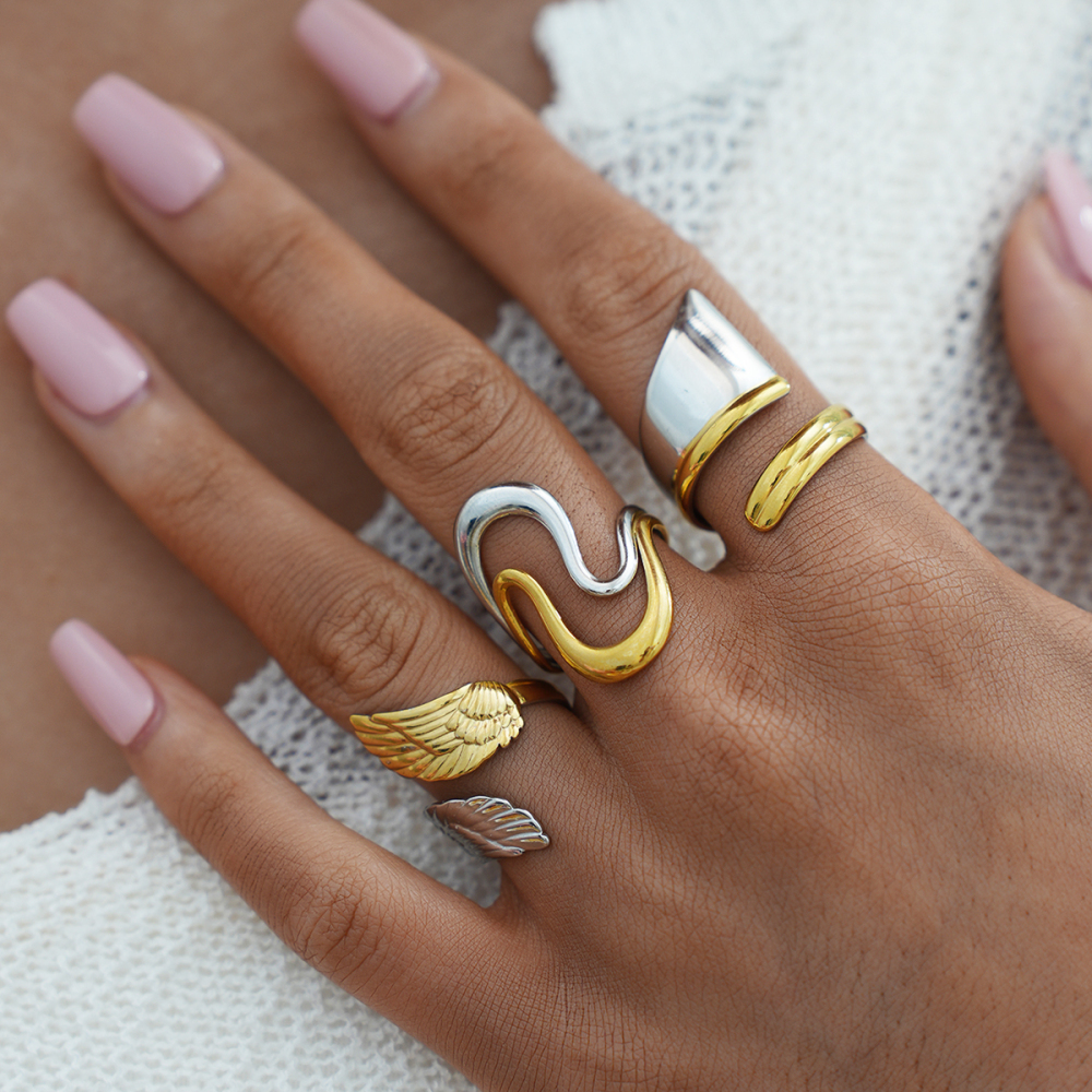 Bague Femme Rétro En Acier Inoxydable Étanche, Or Et Argent, Style Ailes (1 Pièce). Image5
