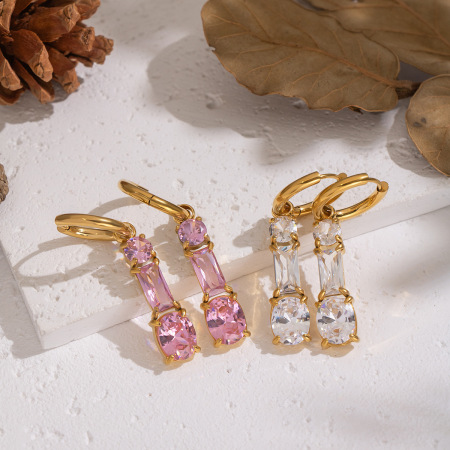 1 paire de boucles d'oreilles de soirée en acier inoxydable étanche, couleur or, zircon rose