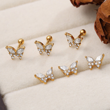 1 paire de boucles d'oreilles papillon en acier inoxydable étanche couleur or avec cristal pour piercing 2