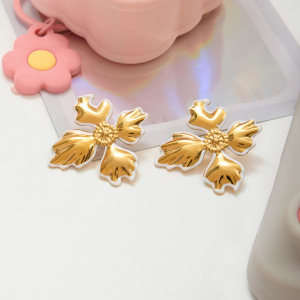 Boucles D'Oreilles Puces Pour Femme, En Acier Inoxydable Doré, Imperméables, Motif Floral Irrégulier (1 Paire). h5 Image7