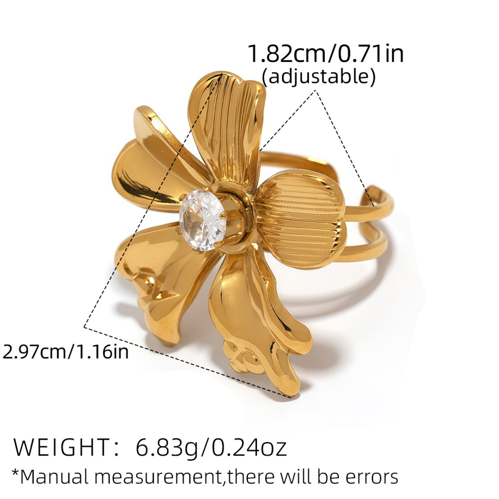 Bague Femme En Acier Inoxydable Doré, Ornée D'Un Zircon Et Sertie D'Une Fleur (1 Pièce).