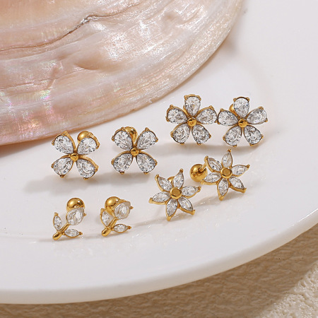 1 paire de boucles d'oreilles piercing en acier inoxydable doré, étanches, avec zircon et motif floral
