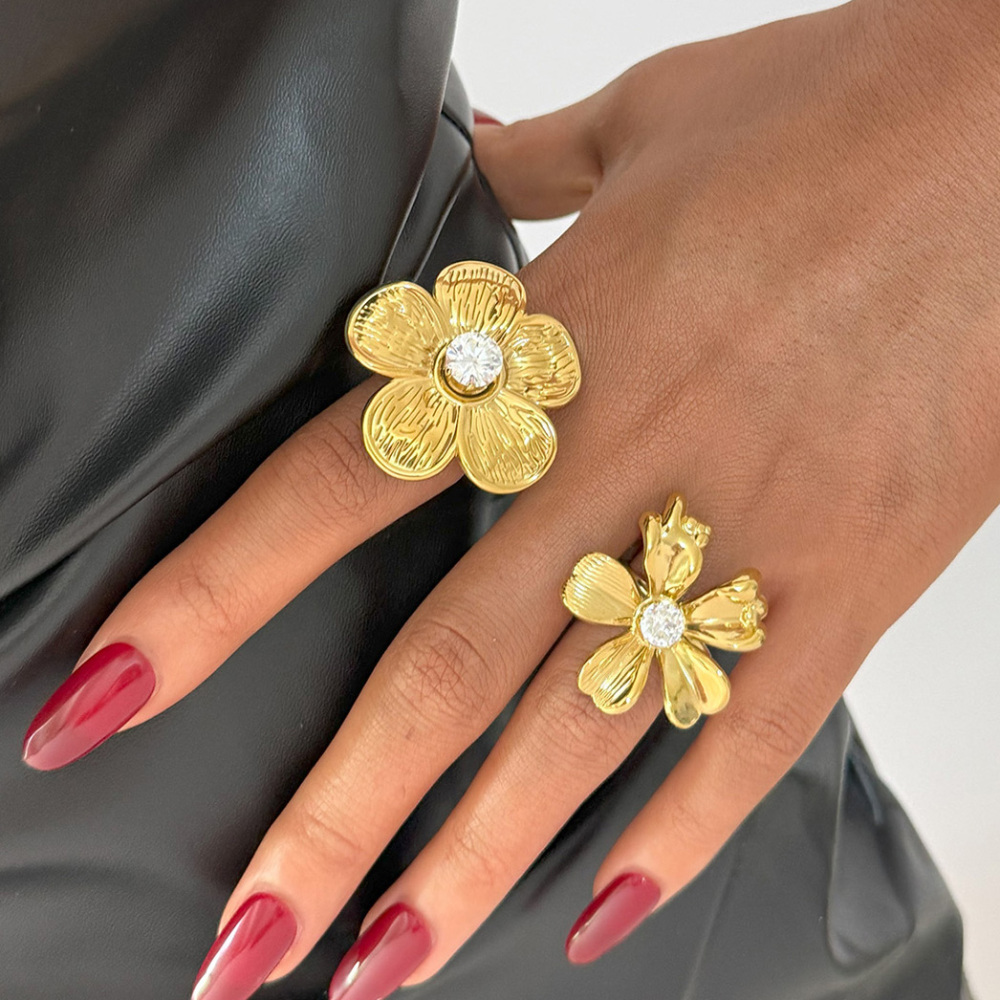 Bague Femme En Acier Inoxydable Doré, Ornée D'Un Zircon Et Sertie D'Une Fleur (1 Pièce). h5Image3
